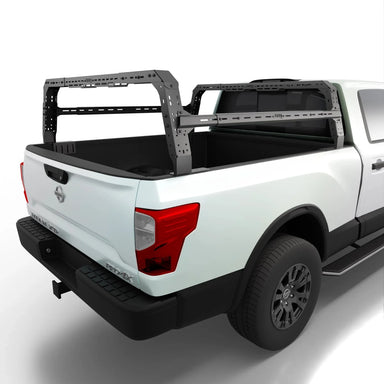 Nissan Titan 4CX Series Shiprock Height Adjustable Bed Rack Truck Bed Cargo Rack System TUWA PRO®️ rear corner view installed on white background