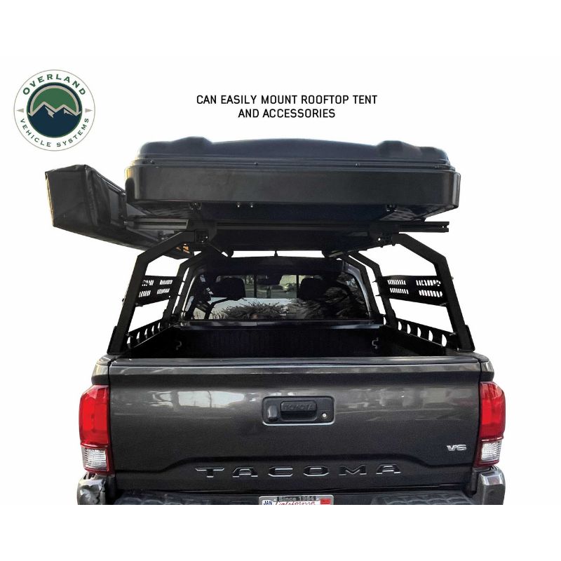 Overland Vehicle Systems Discovery Rack - Mid Size Truck Short Bed Application rear view installed on truck with tent on white background