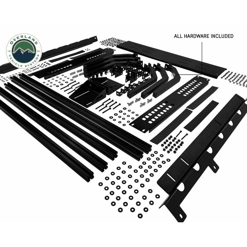 Overland Vehicle Systems Discovery Rack - Mid Size Truck Short Bed Application top view included parts on white background