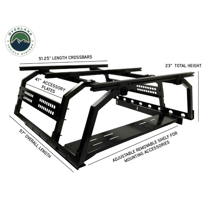 Overland Vehicle Systems Discovery Rack - Mid Size Truck Short Bed Application side view on white background with dimensions