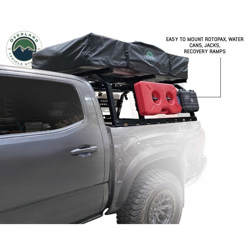 Overland Vehicle Systems Discovery Rack - Mid Size Truck Short Bed Application side view installed on truck with tent on white background