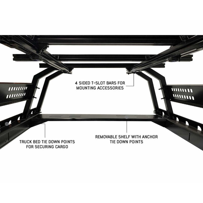 Overland Vehicle Systems Discovery Rack - Mid Size Truck Short Bed Application rear view on white background with features