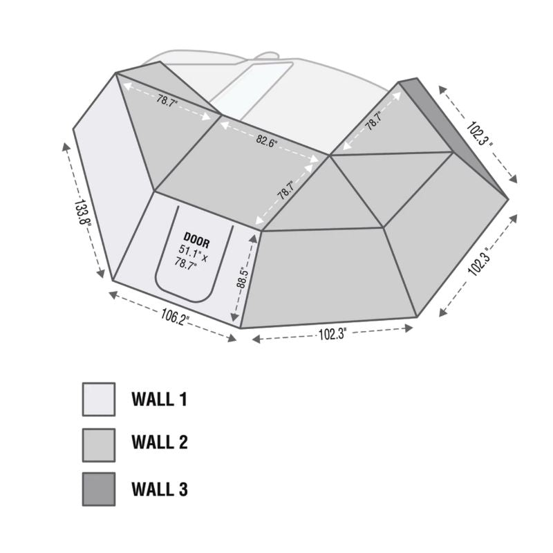 Overland Vehicle Systems Nomadic Awning 270 Awning & Wall 1, 2, & 3, Mounting Brackets - Driverside dimensions diagram on white background