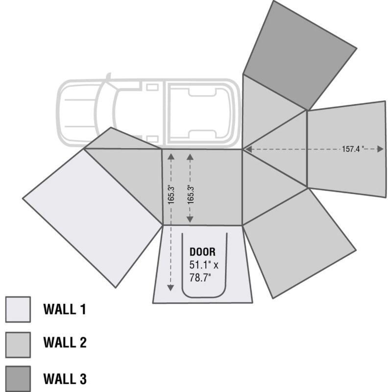 Overland Vehicle Systems Nomadic Awning 270 Awning & Wall 1, 2, & 3, Mounting Brackets - Driverside dimensions diagram top view on white background