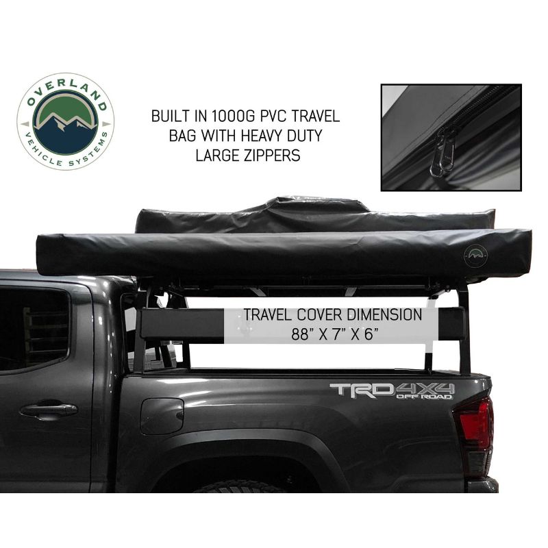 Overland Vehicle Systems Nomadic Awning 270 Awning & Wall 1, 2, & 3, Mounting Brackets - Driverside side view on vehicle closed on white background