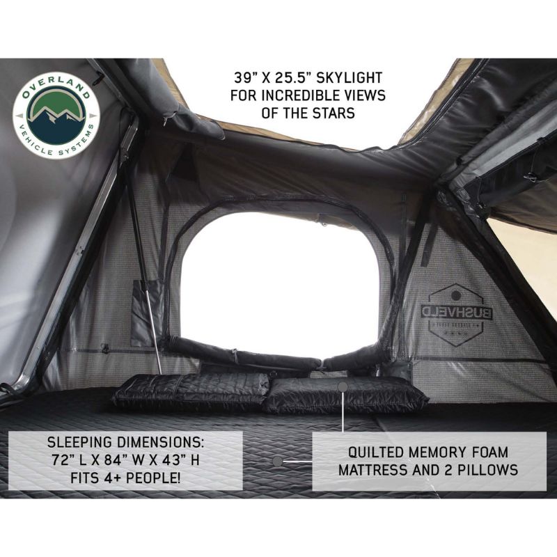 Overland Vehicle Systems Bushveld Hard Shell Roof Top Tent - 4 Person Interior view showing skylight and mattress