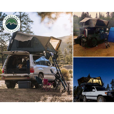 Overland Vehicle Systems Bushveld Hard Shell Roof Top Tent - 4 Person Three views of open tent on different vehicles