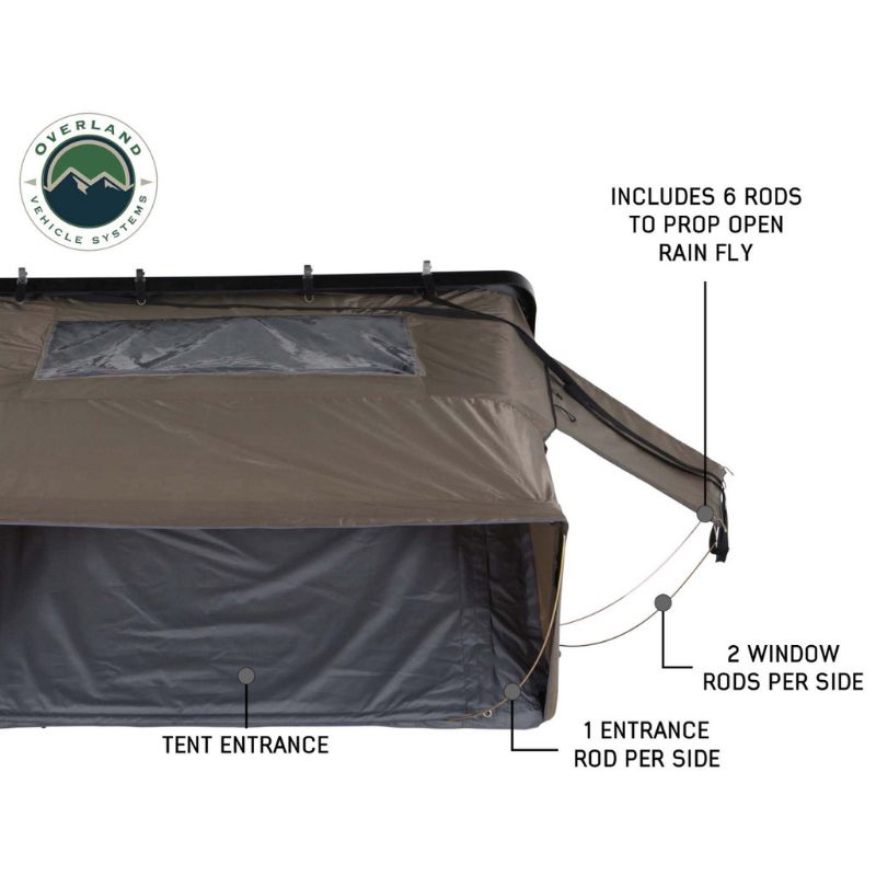 Overland Vehicle Systems Bushveld Hard Shell Roof Top Tent - 4 Person Open tent showing windows and door