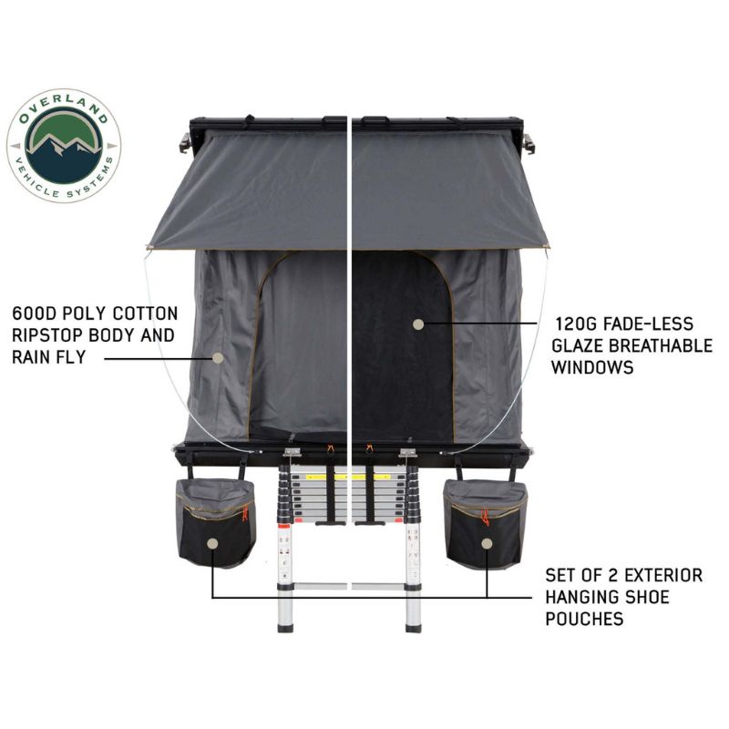 Overland Vehicle Systems Mamba III Hard Shell Roof Top Tent Exterior view showing windows open and closed with shoe pouches