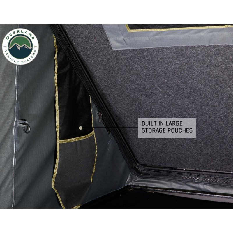 Overland Vehicle Systems Mamba III Hard Shell Roof Top Tent Interior view of storage pouches