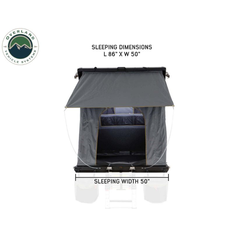 Overland Vehicle Systems Mamba III Hard Shell Roof Top Tent  Side view showing opening with sleeping dimensions