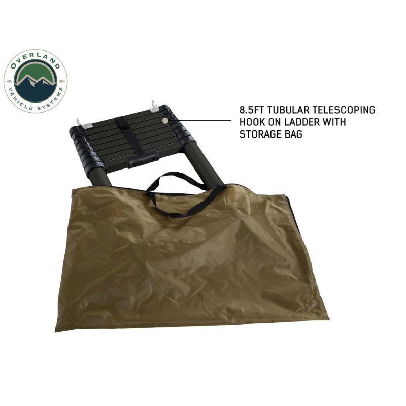Overland Vehicle Systems Mamba III Hard Shell Roof Top Tent Ladder and storage bag on white background