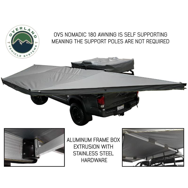 Overland Vehicle Systems Nomadic Awning 180 - Dark Gray With Black Cover side view assembled no poles required