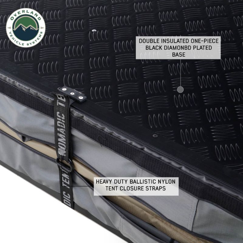 Overland Vehicle Systems Nomadic 2 Extended Roof Top Tent Close-up of double insulated base and nylon straps on tent