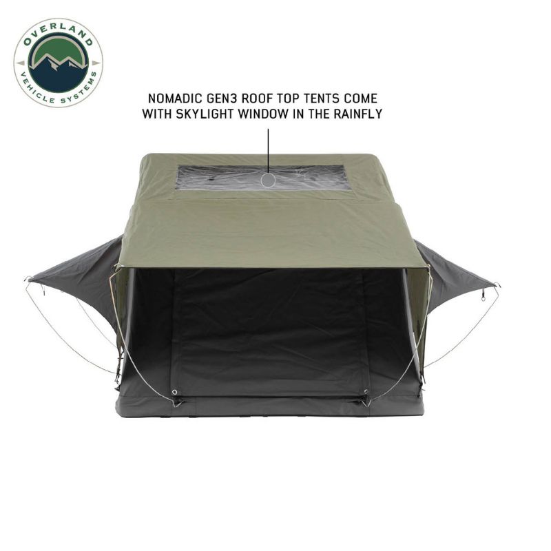 Overland Vehicle Systems Nomadic 2 Extended Roof Top Tent Side view of open tent showing skylight window