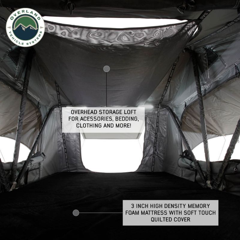 Overland Vehicle Systems Nomadic 2 Extended Roof Top Tent Inside view of tent overhead storage loft and mattress