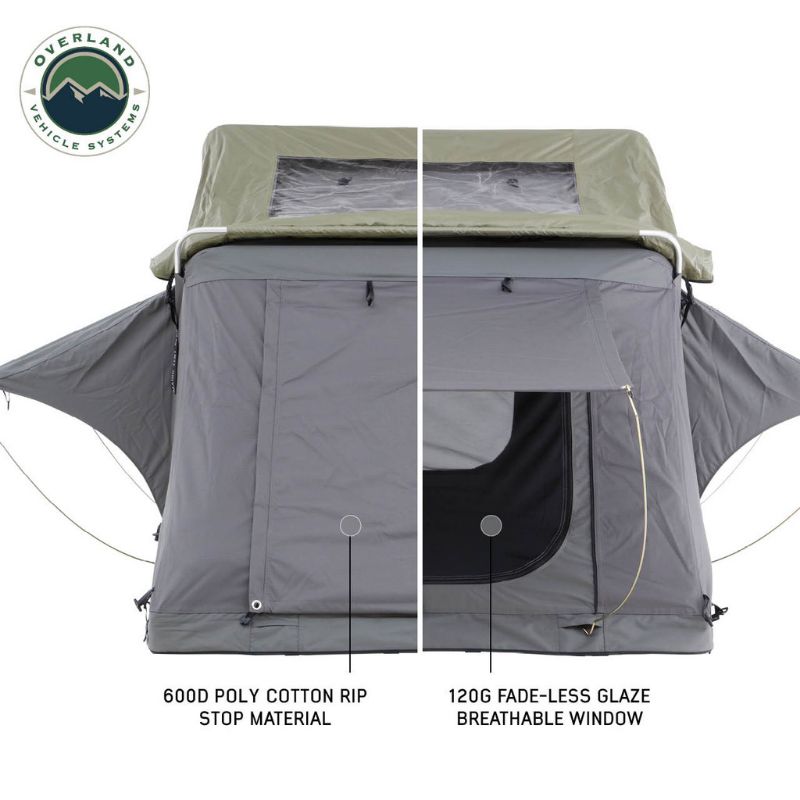 Overland Vehicle Systems Nomadic 2 Extended Roof Top Tent Side view of tent open and closed on white background