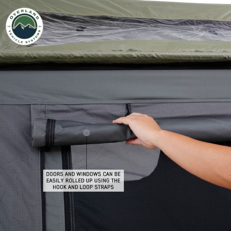 Overland Vehicle Systems Nomadic 2 Extended Roof Top Tent Outside view of tent roll up windows