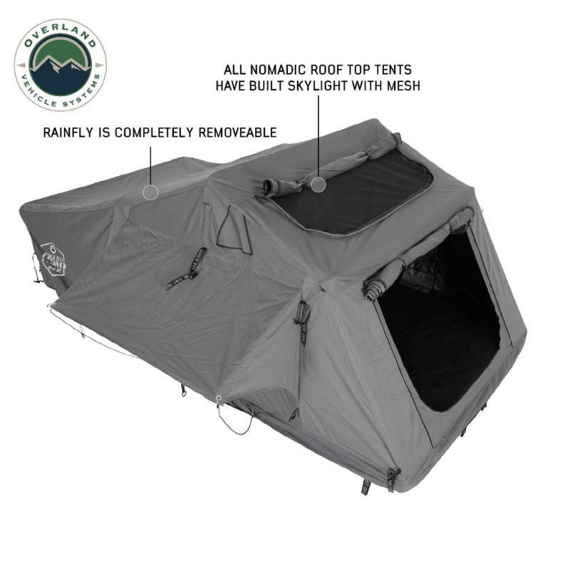 Overland Vehicle Systems Nomadic 4 Extended Roof Top Tent. Side view of tent open and closed on white background