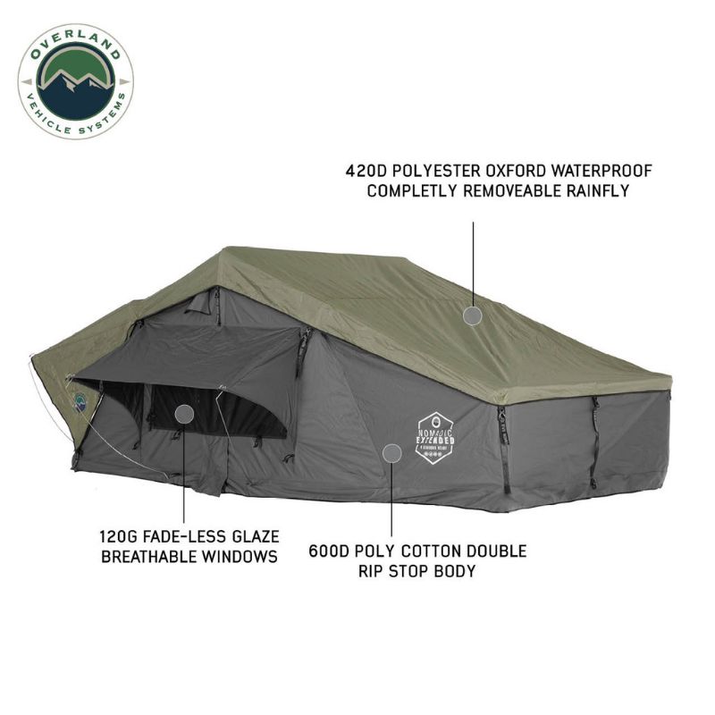 Overland Vehicle Systems Nomadic 4 Extended Roof Top Tent. Open tent white background with descriptions