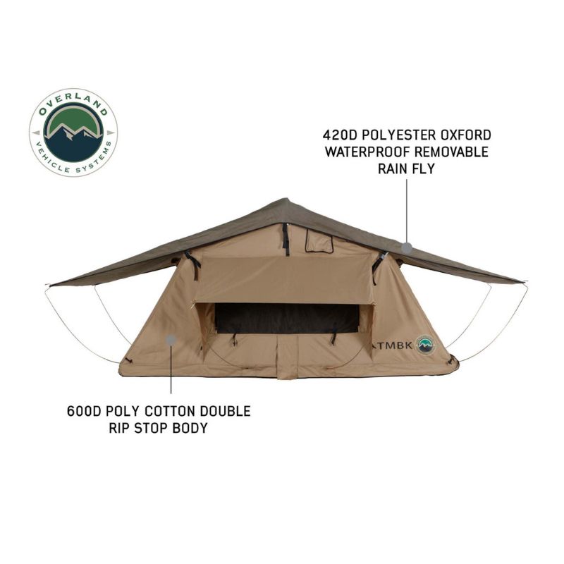 Overland Vehicle Systems 3+ Person TMBK Roof Top Tent Open tent on white background with descriptions