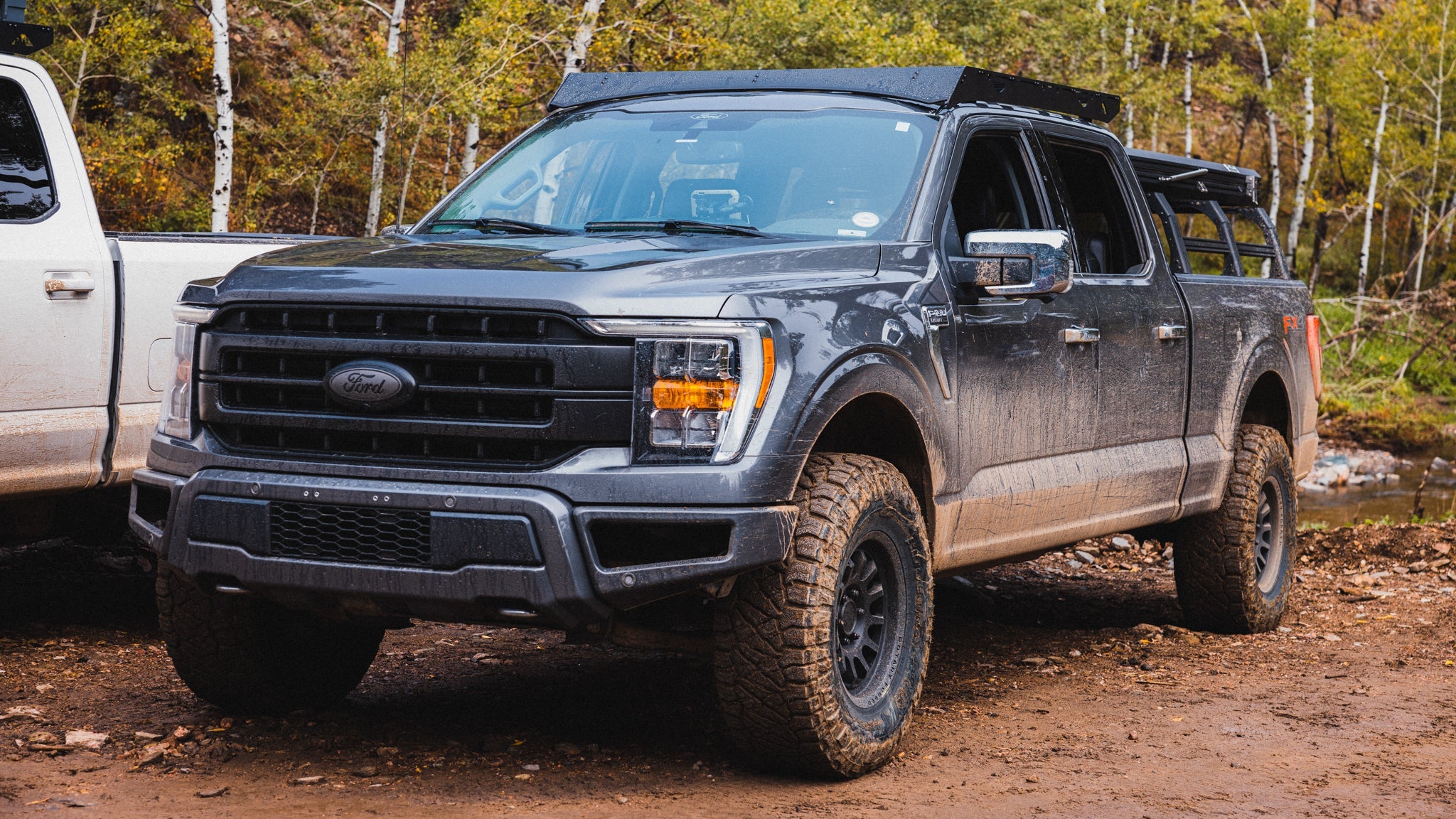 Ford F150 Roof Rack Front corner view of rack on vehicle outside