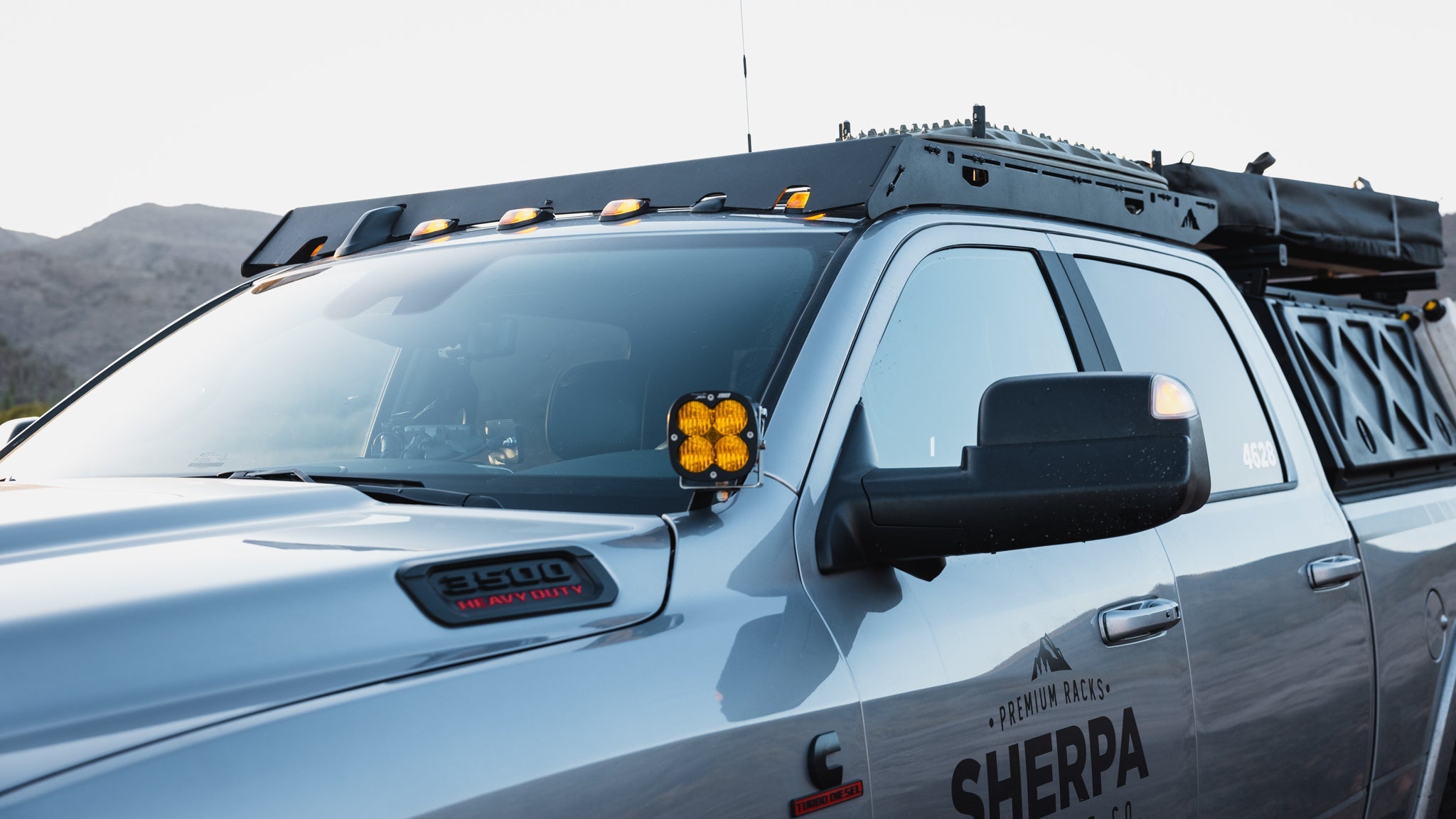 Ram Truck Roof Rack Eye level view of rack front corner on vehicle