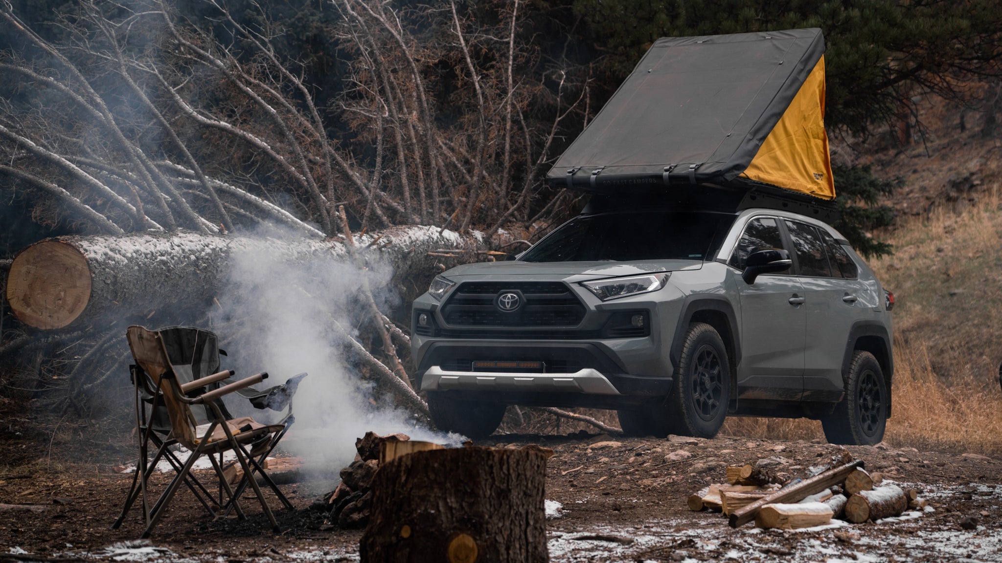 Toyota Rav4 Roof Rack Wide angled view of rack with tent on vehicle at campsite