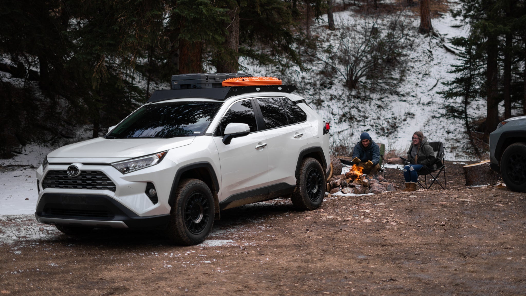 Toyota Rav4 Roof Rack Front corner wide view of rack on vehicle at campsite