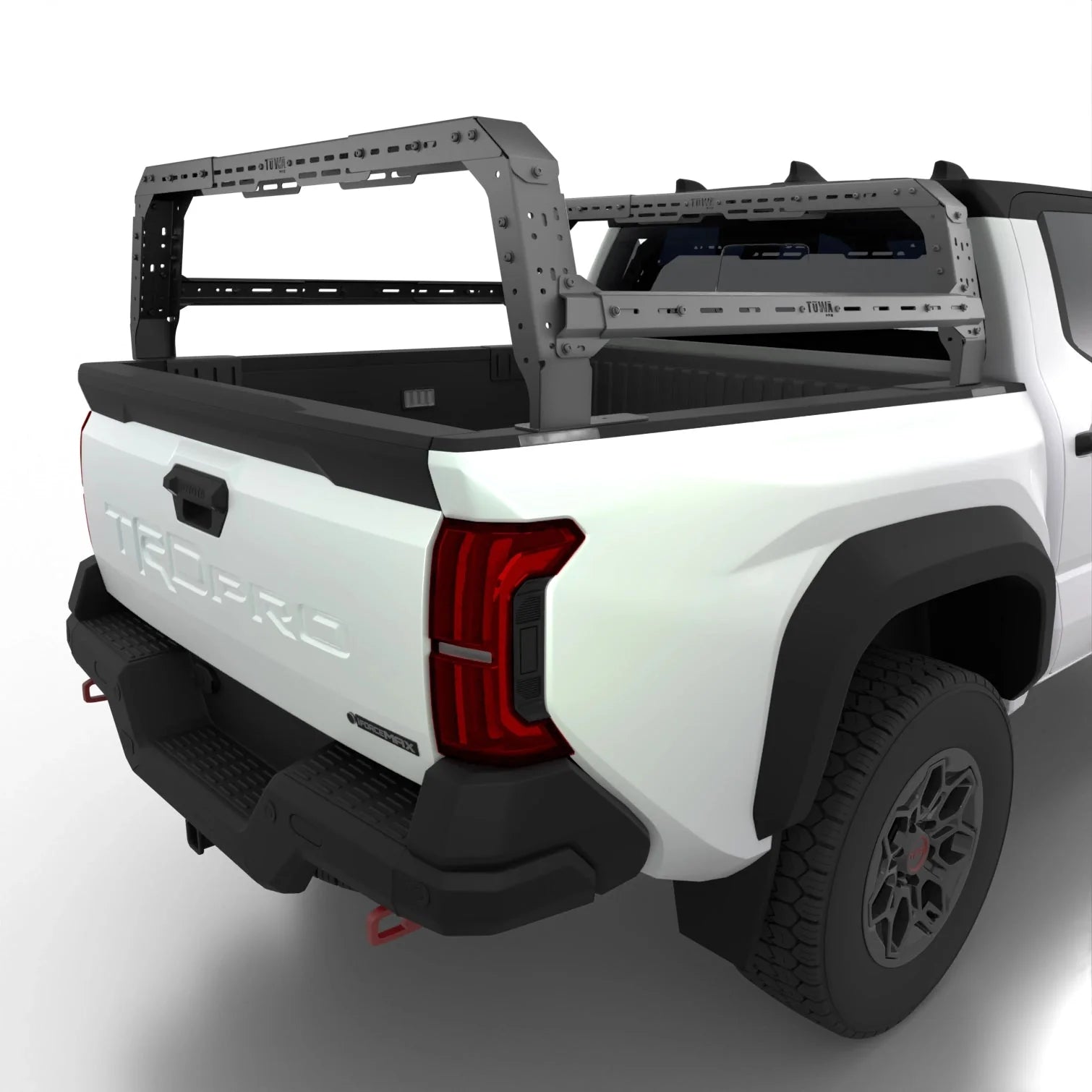 Toyota Tacoma 4CX Series Shiprock Height Adjustable Bed Rack Truck Bed Cargo Rack System TUWA PRO®️ rear corner view installed on white background