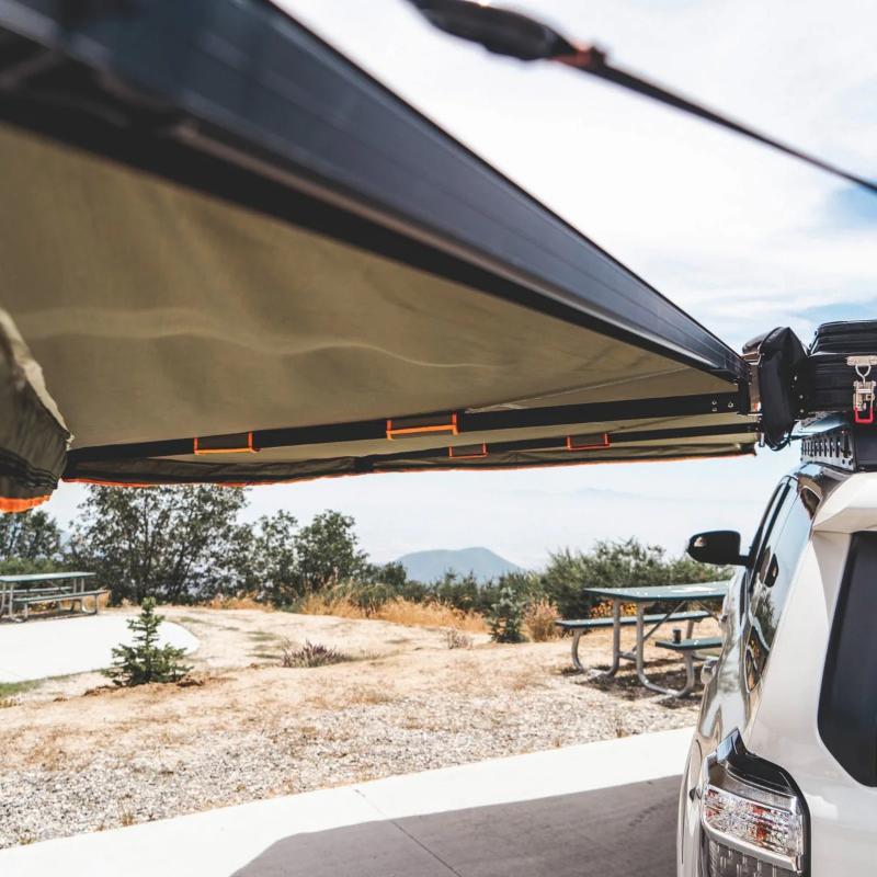 Tuff Stuff Overland 180 Degree Awning, XL, Driver or Passenger Side, C-Channel Aluminum, Olive assembled bottom view on vehicle outdoors