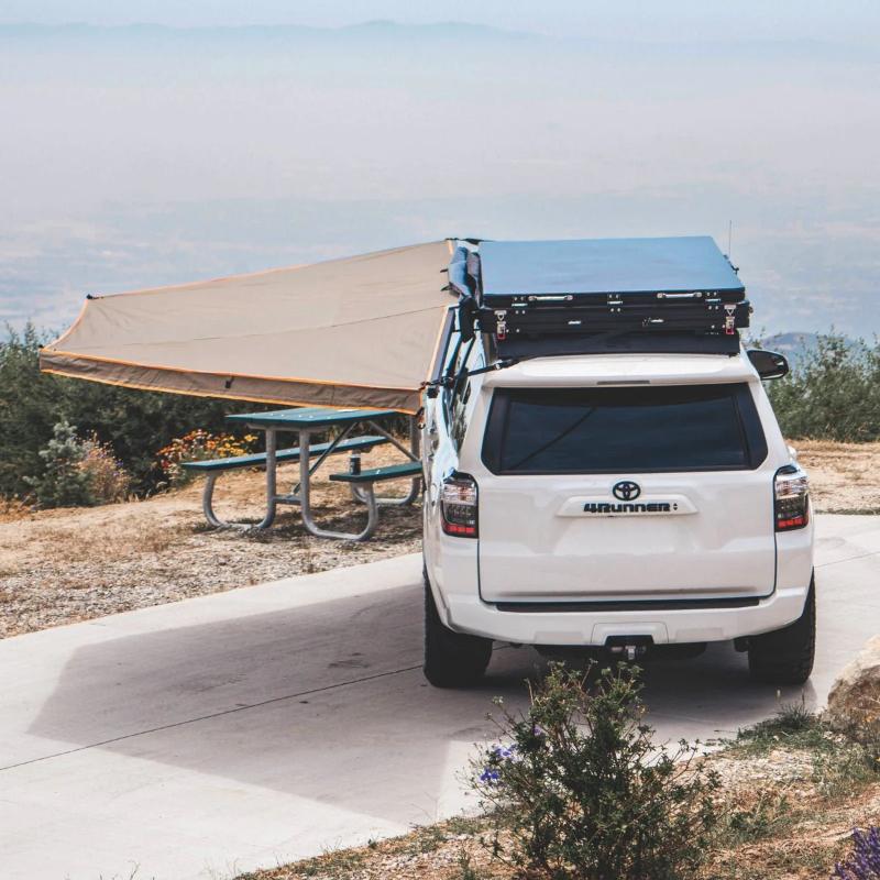 Tuff Stuff Overland 180 Degree Awning, XL, Driver or Passenger Side, C-Channel Aluminum, Olive assembled rear view on vehicle outdoors