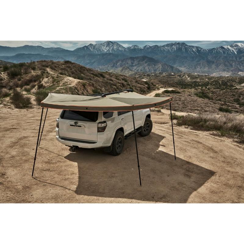 Tuff Stuff Overland 270 Degree Awning, Compact, Driver Side, C-Channel Aluminum, Olive assembled rear view at campsite