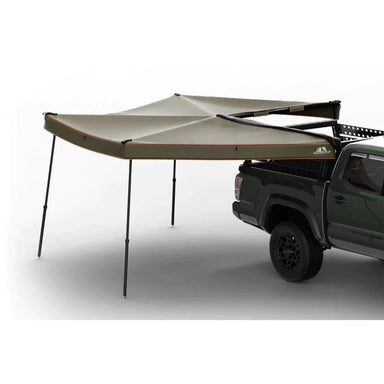 Tuff Stuff Overland 270 Degree Awning, Compact, Passenger Side, C-Channel Aluminum, Olive assembled side view on white background