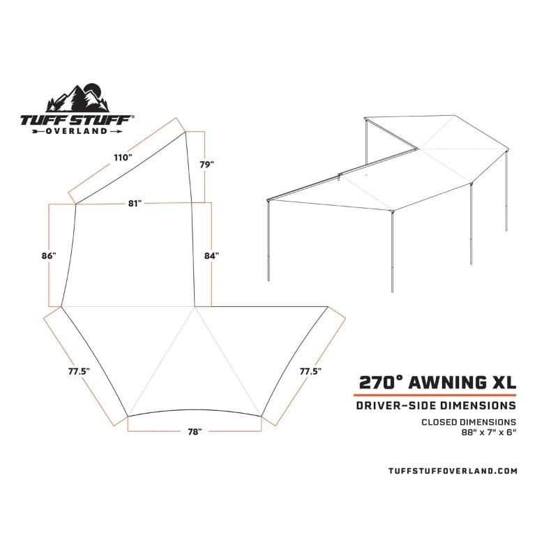 Tuff Stuff Overland 270 Degree Awning, XL, Driver Side, C-Channel Aluminum, Olive dimensions diagram  background