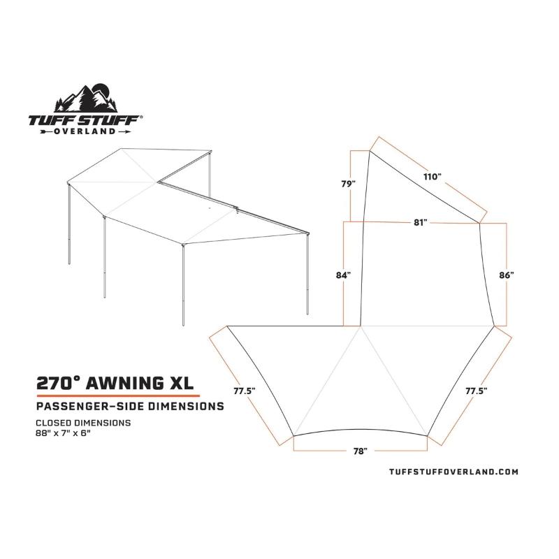 Tuff Stuff Overland 270 Degree Awning, XL, Passenger Side, C-Channel Aluminum, Olive dimensions diagram on white background