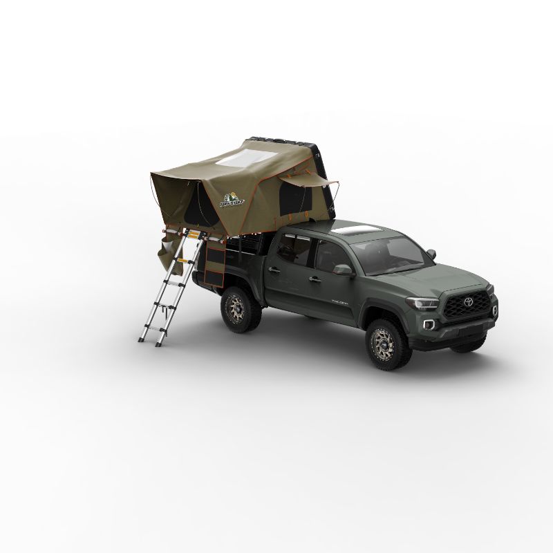 Tuff Stuff Overland Alpha II Hard Shell Rooftop Side Open Tent (2 Person). Open tent with ladder on vehicle on white background