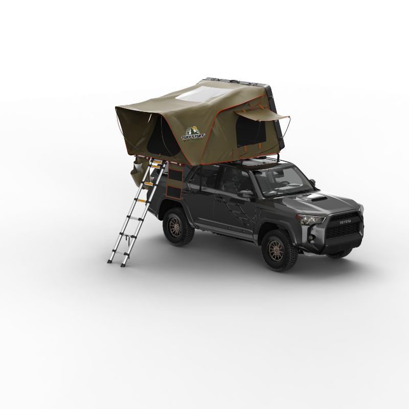 Tuff Stuff Overland Alpha Hard Shell Rooftop Side Open Tent (4 Person). Open tent with ladder on vehicle on white background