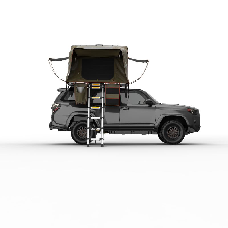 Tuff Stuff Overland Alpha Hard Shell Rooftop Side Open Tent (4 Person). Side view of open tent with ladder on truck on white background