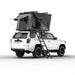 Tuff Stuff Overland Alpine 51 Hard Shell (Aluminum) Roof Top Tent. Rear corner view of open tent with ladder on truck on white background