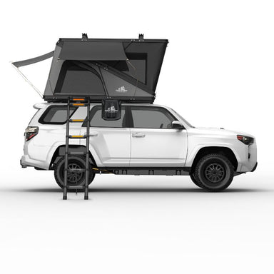 Tuff Stuff Overland Alpine 51 Hard Shell (Aluminum) Roof Top Tent. Side view of open tent with ladder on truck on white background