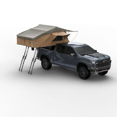 Tuff Stuff Overland Elite Soft Shell Rooftop Tent & Annex Room (5 Person). Open tent with ladder on vehicle on white background