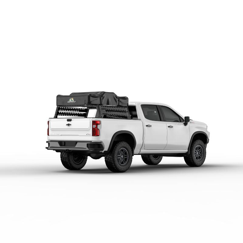 Tuff Stuff Overland Ranger Soft Shell Rooftop Tent (3 Person). Rear view of closed tent on vehicle on white background