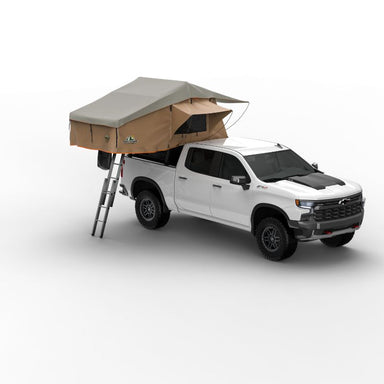 Tuff Stuff Overland Ranger Soft Shell Rooftop Tent (3 Person). Open tent with ladder on vehicle on white background