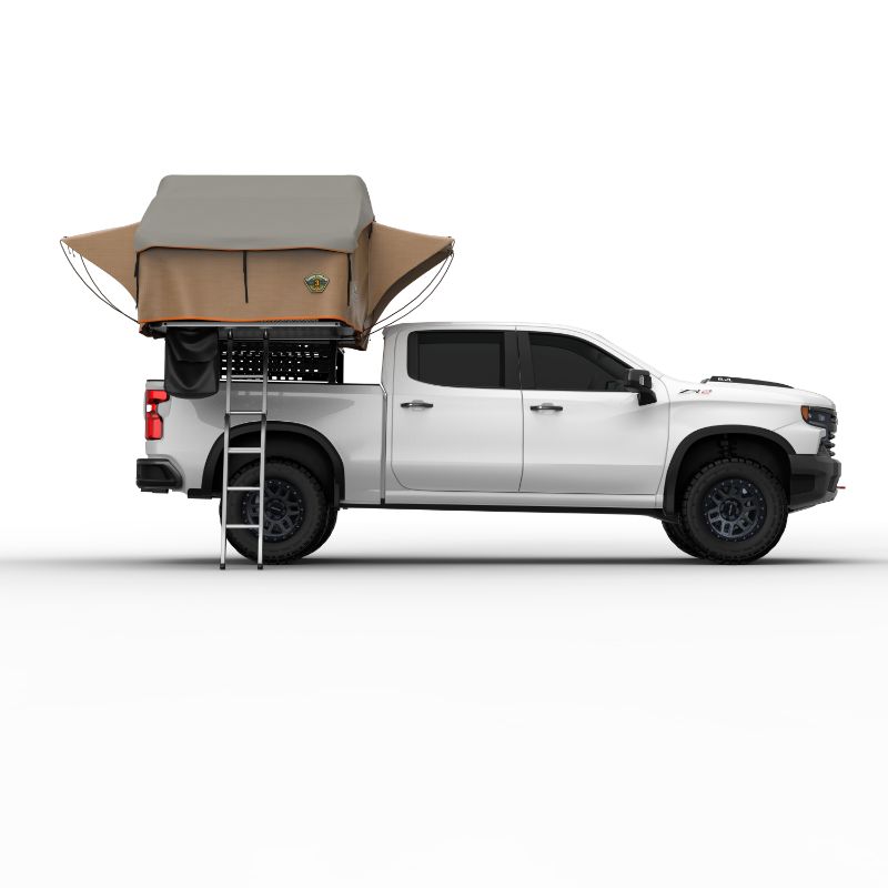 Tuff Stuff Overland Ranger Soft Shell Rooftop Tent (3 Person). Side view of open tent with ladder on truck on white background