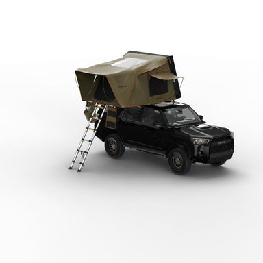 Tuff Stuff Overland Stealth Black Ops Series Hard Shell (Aluminum) Rooftop Tent. Open tent with ladder on vehicle on white background