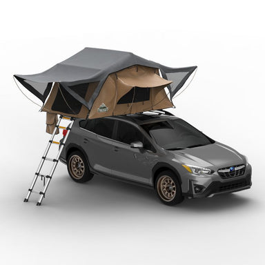 Tuff Stuff Overland Trailhead Soft Shell Rooftop Tent (2 Person). Open tent with ladder on vehicle on white background