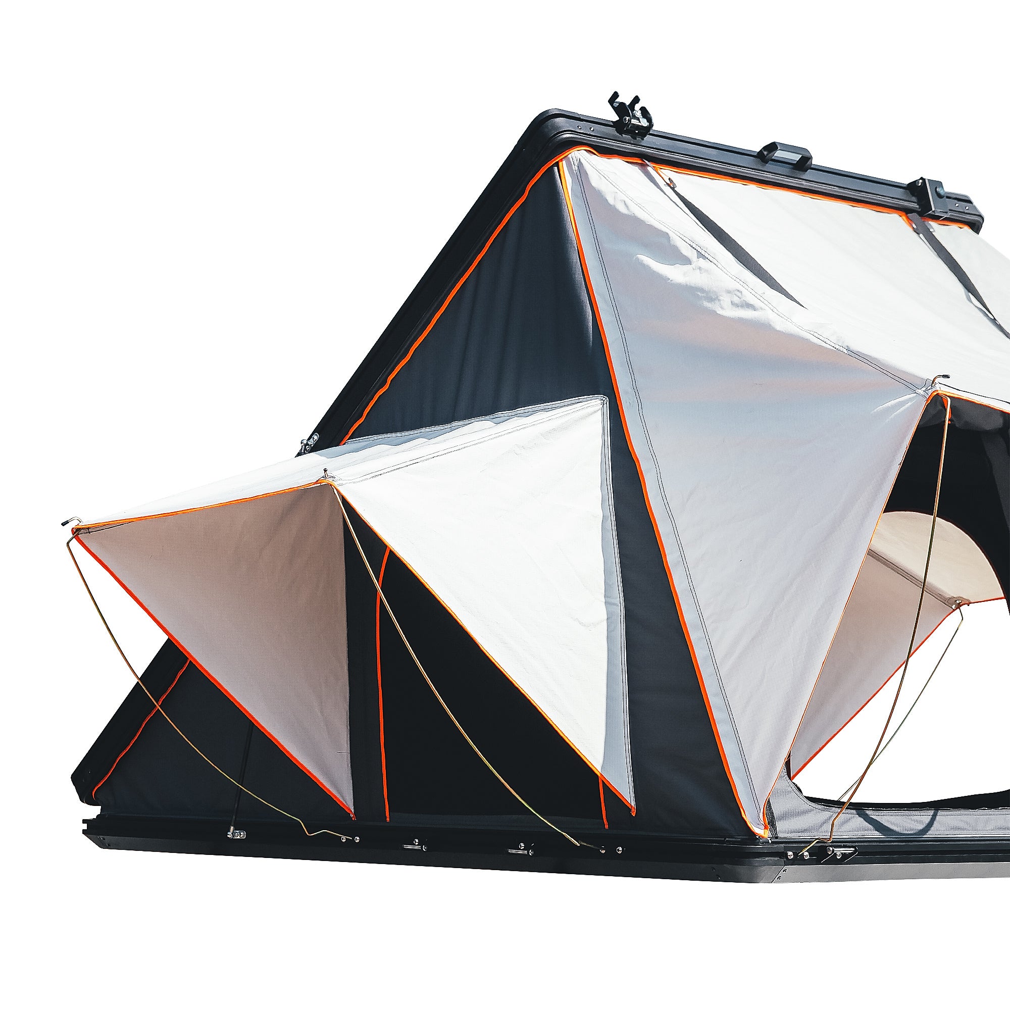 Trustmade Scout Pro Series - Triangular Hard Shell Rooftop Tent open on white background corner 2