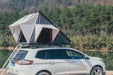 Trustmade Scout Pro Series - Triangular Hard Shell Rooftop Tent open rear corner view on vehicle