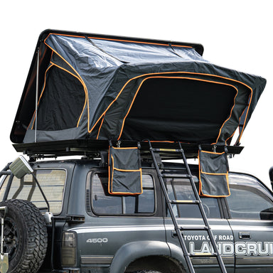Trustmade Pioneer Series Fold-Out Style Hard Shell Rooftop Tent (Aluminum Alloy)-Hard Shell Rooftop Tent-Trustmade-Grey open with ladder on truck-Car Camp Pro